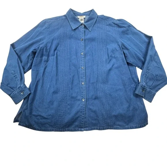 Talbots Chambray Pintuck Button Down Shirt Womens Petite 2X Blue Denim Plus Size - Picture 11 of 12